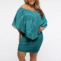 Hawaiian Turtle and Shark Off Shoulder Short Dress Kakau Tribal with Polynesian Pattern Turquoise Color