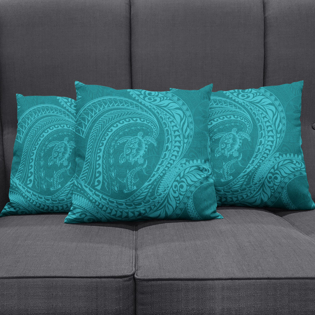 Hawaiian Turtle and Shark Pillow Cover Kakau Tribal with Polynesian Pattern Turquoise Color