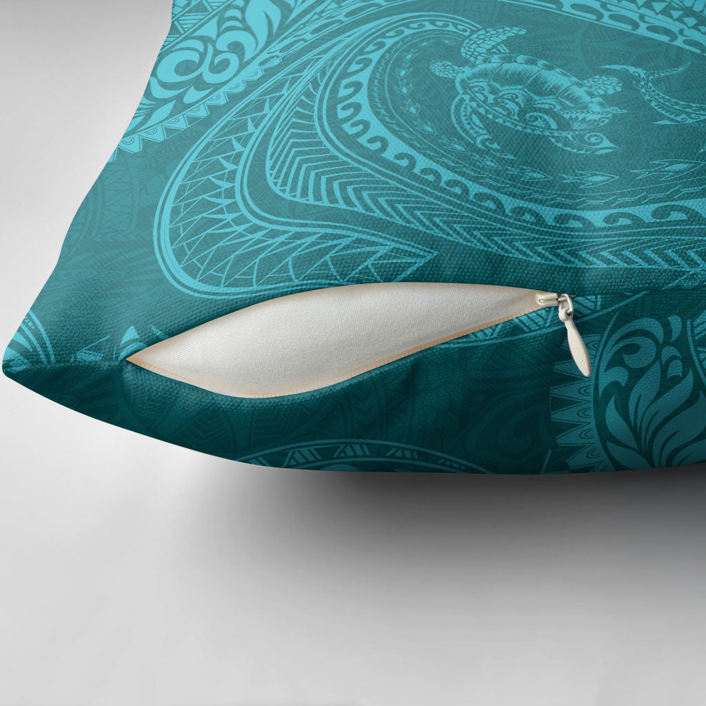 Hawaiian Turtle and Shark Pillow Cover Kakau Tribal with Polynesian Pattern Turquoise Color