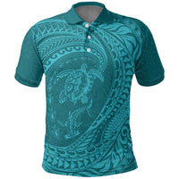 Hawaiian Turtle and Shark Polo Shirt Kakau Tribal with Polynesian Pattern Turquoise Color