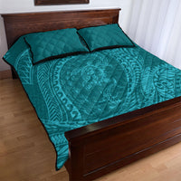 Hawaiian Turtle and Shark Quilt Bed Set Kakau Tribal with Polynesian Pattern Turquoise Color