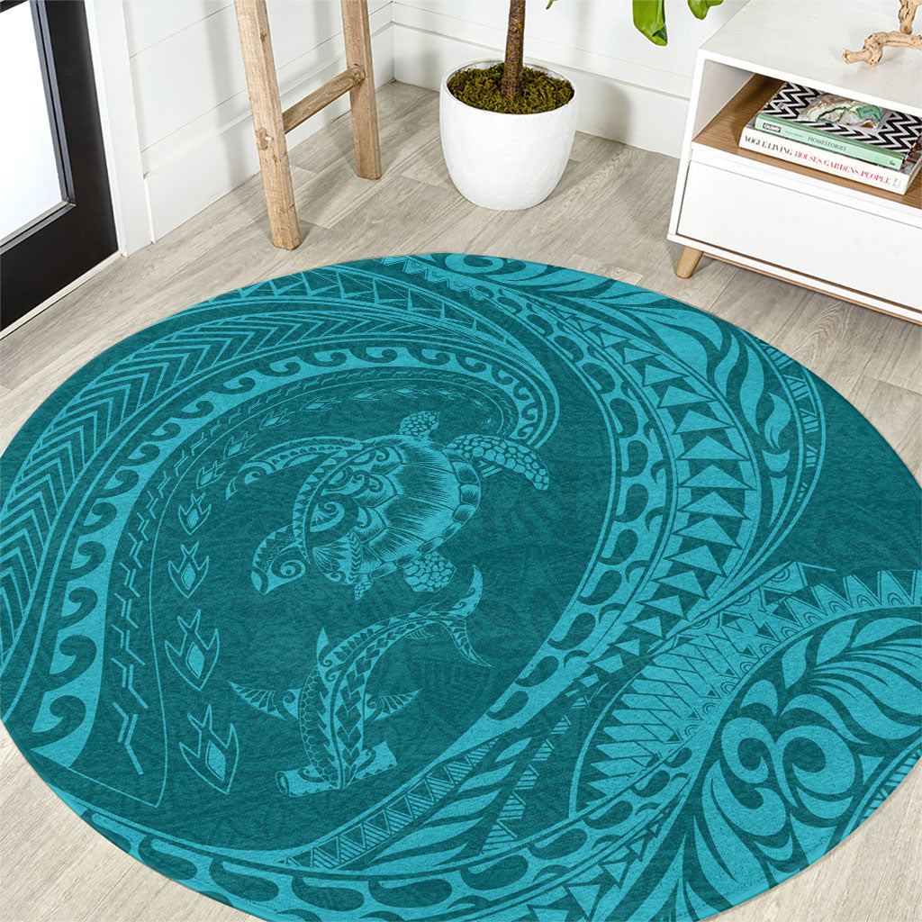 Hawaiian Turtle and Shark Round Carpet Kakau Tribal with Polynesian Pattern Turquoise Color