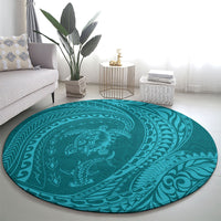 Hawaiian Turtle and Shark Round Carpet Kakau Tribal with Polynesian Pattern Turquoise Color