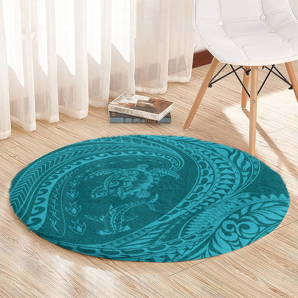 Hawaiian Turtle and Shark Round Carpet Kakau Tribal with Polynesian Pattern Turquoise Color
