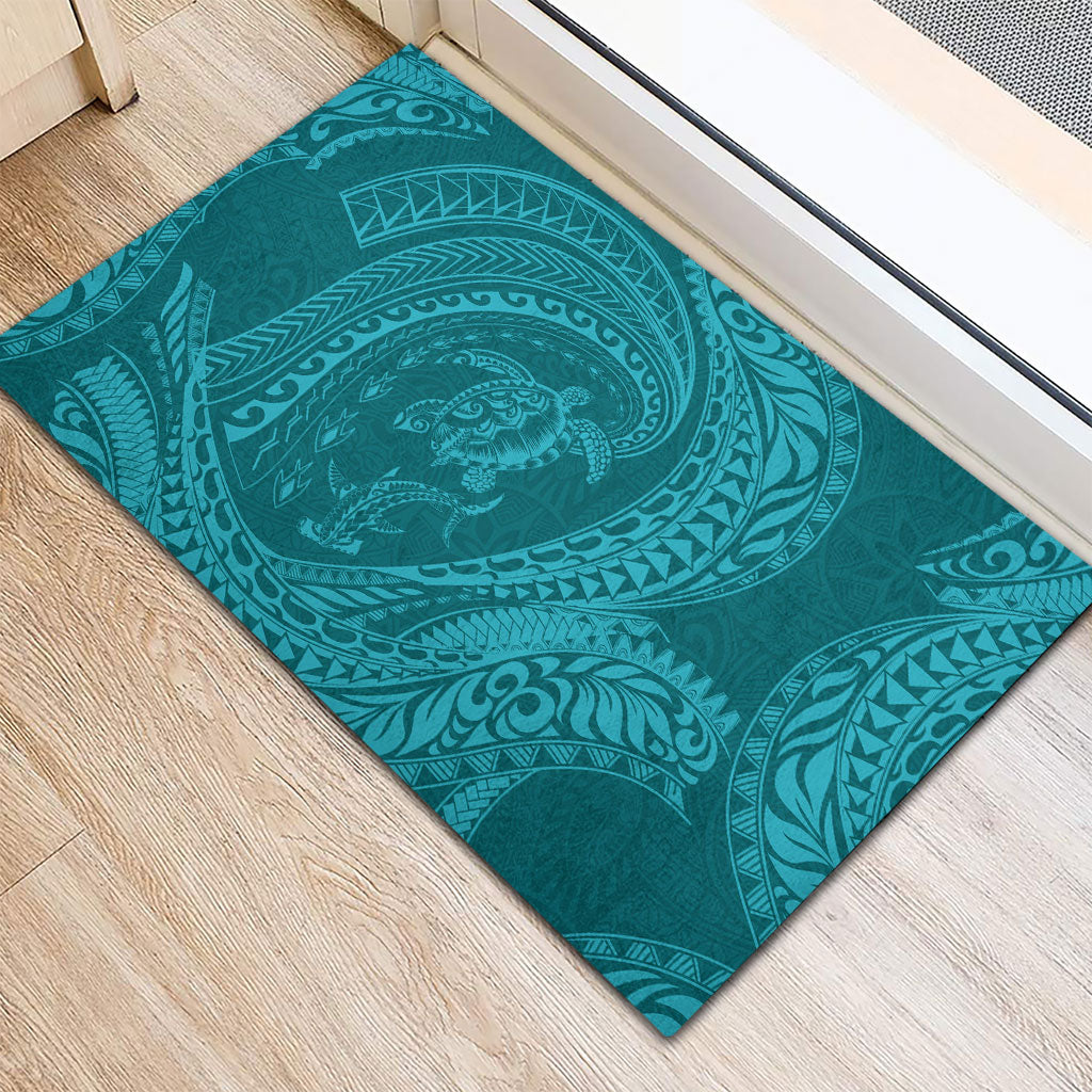 Hawaiian Turtle and Shark Rubber Doormat Kakau Tribal with Polynesian Pattern Turquoise Color