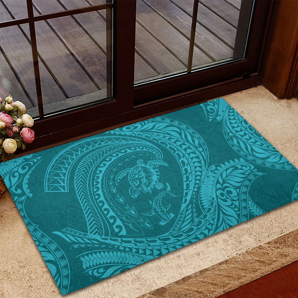 Hawaiian Turtle and Shark Rubber Doormat Kakau Tribal with Polynesian Pattern Turquoise Color