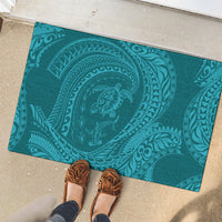 Hawaiian Turtle and Shark Rubber Doormat Kakau Tribal with Polynesian Pattern Turquoise Color