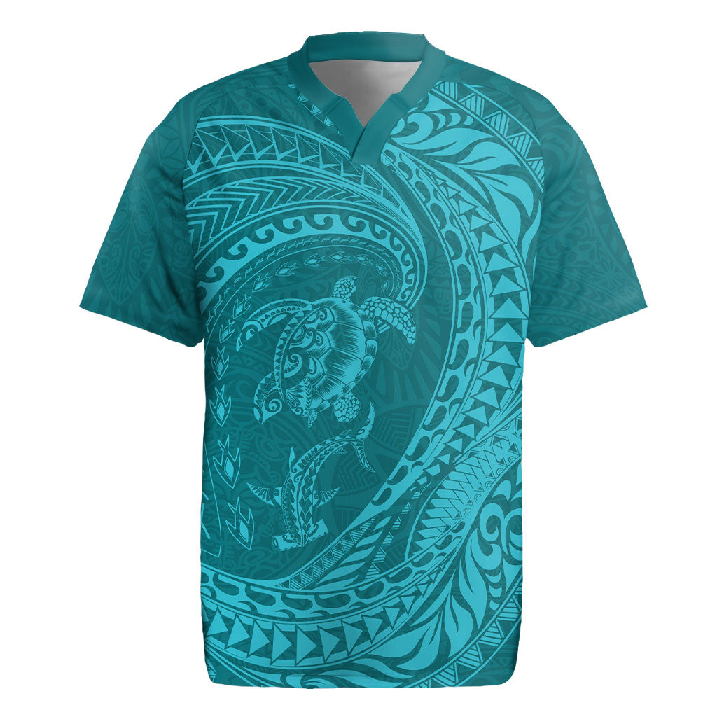Hawaiian Turtle and Shark Rugby Jersey Kakau Tribal with Polynesian Pattern Turquoise Color