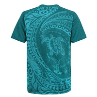Hawaiian Turtle and Shark Rugby Jersey Kakau Tribal with Polynesian Pattern Turquoise Color