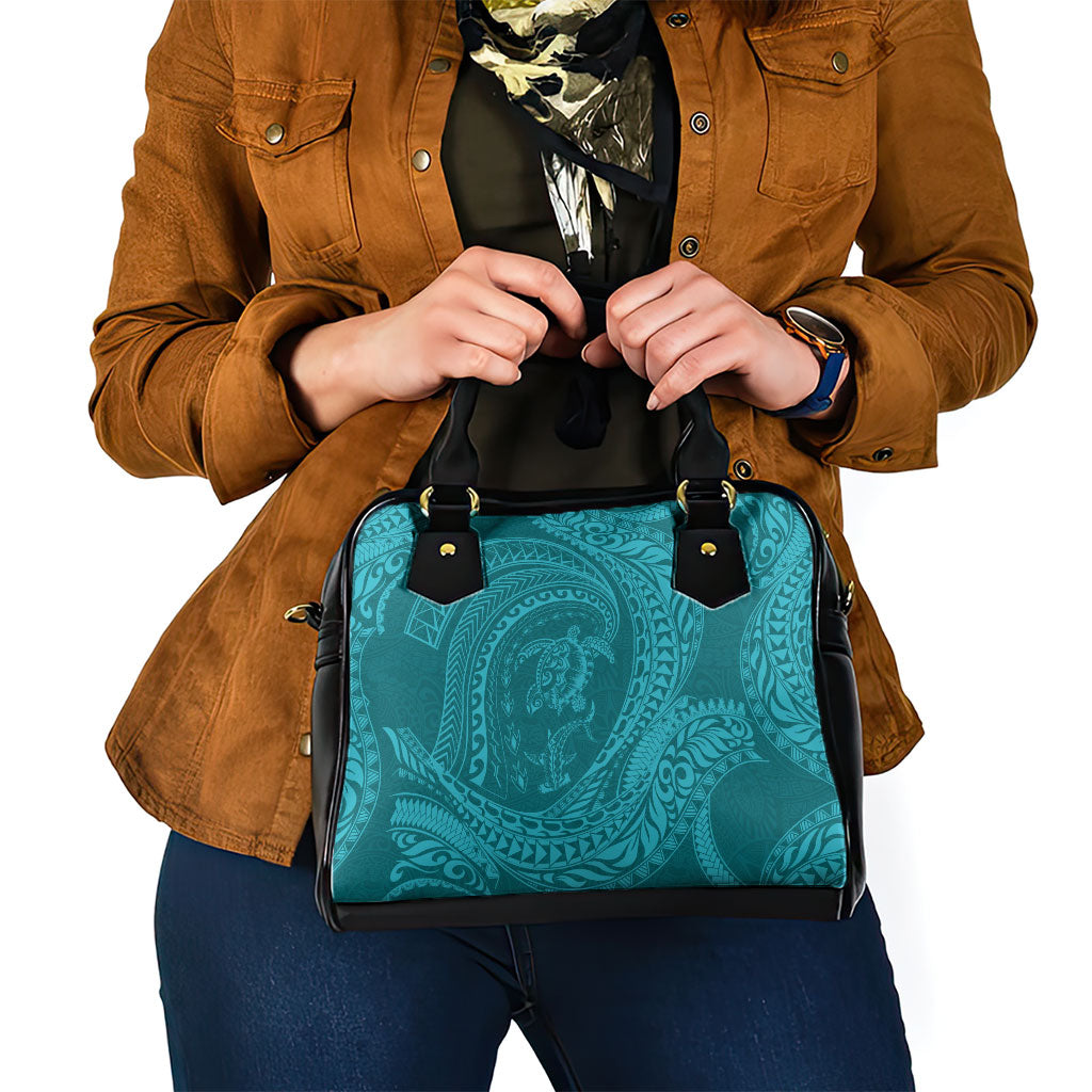 Hawaiian Turtle and Shark Shoulder Handbag Kakau Tribal with Polynesian Pattern Turquoise Color