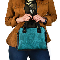 Hawaiian Turtle and Shark Shoulder Handbag Kakau Tribal with Polynesian Pattern Turquoise Color