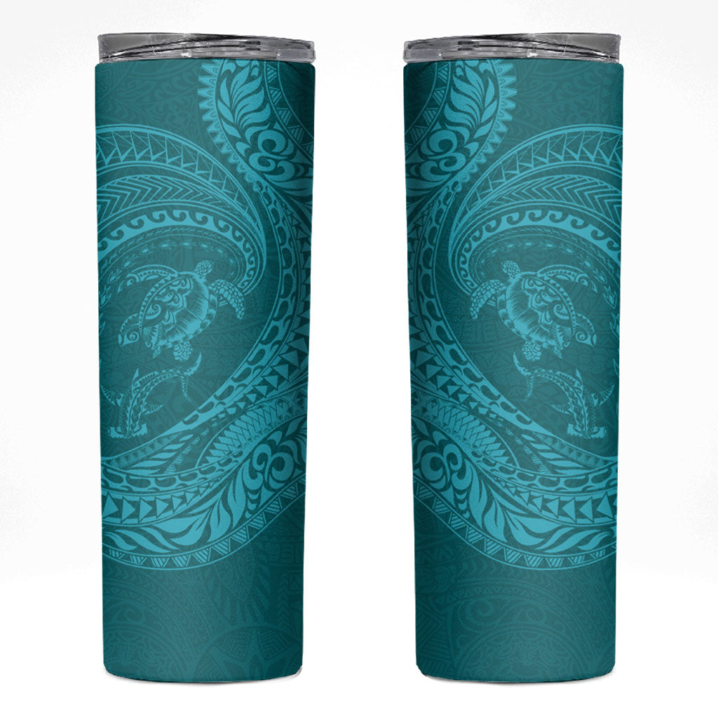 Hawaiian Turtle and Shark Skinny Tumbler Kakau Tribal with Polynesian Pattern Turquoise Color