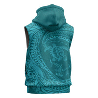 Hawaiian Turtle and Shark Sleeveless Hoodie Kakau Tribal with Polynesian Pattern Turquoise Color