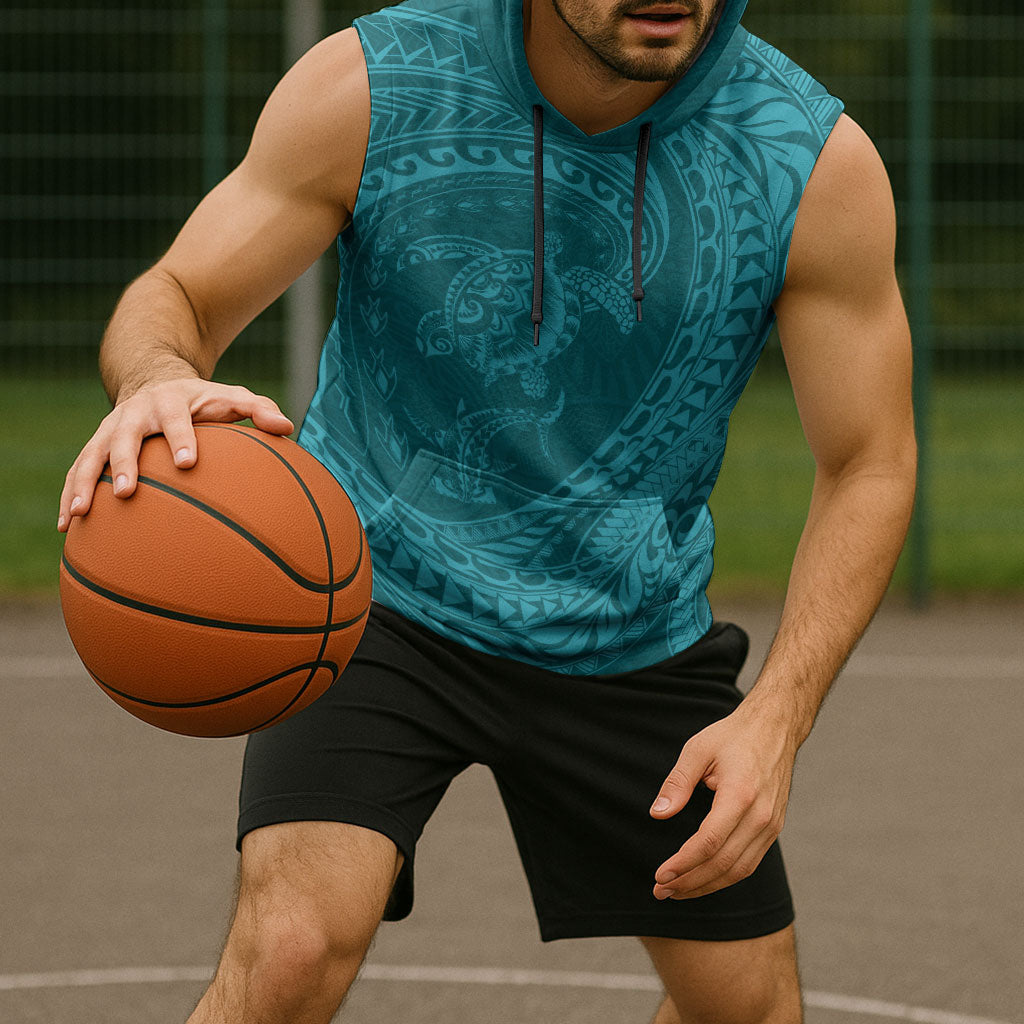 Hawaiian Turtle and Shark Sleeveless Hoodie Kakau Tribal with Polynesian Pattern Turquoise Color