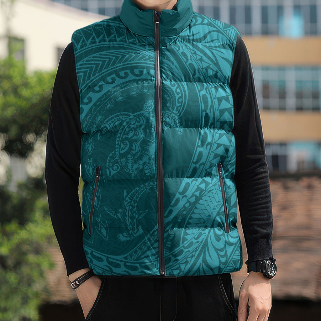 Hawaiian Turtle and Shark Sleeveless Puffer Jacket Kakau Tribal with Polynesian Pattern Turquoise Color