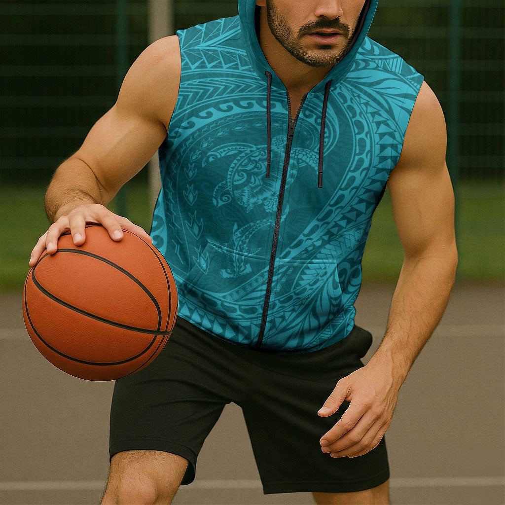 Hawaiian Turtle and Shark Sleeveless Zip Hoodie Kakau Tribal with Polynesian Pattern Turquoise Color