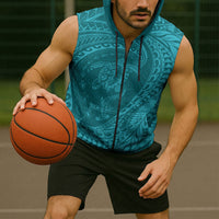 Hawaiian Turtle and Shark Sleeveless Zip Hoodie Kakau Tribal with Polynesian Pattern Turquoise Color