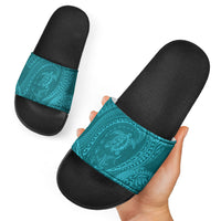 Hawaiian Turtle and Shark Slide Sandals Kakau Tribal with Polynesian Pattern Turquoise Color
