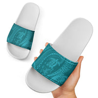 Hawaiian Turtle and Shark Slide Sandals Kakau Tribal with Polynesian Pattern Turquoise Color