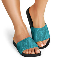 Hawaiian Turtle and Shark Slide Sandals Kakau Tribal with Polynesian Pattern Turquoise Color