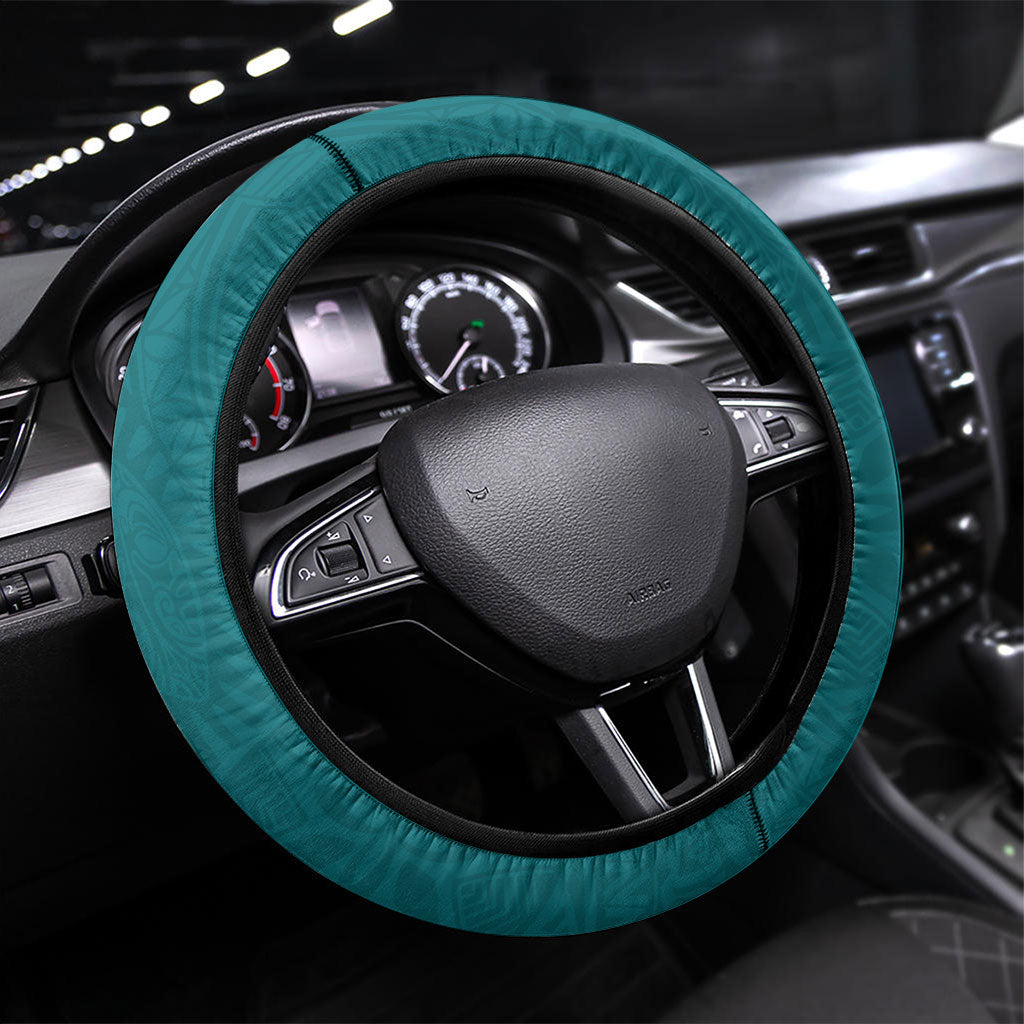 Hawaiian Turtle and Shark Steering Wheel Cover Kakau Tribal with Polynesian Pattern Turquoise Color