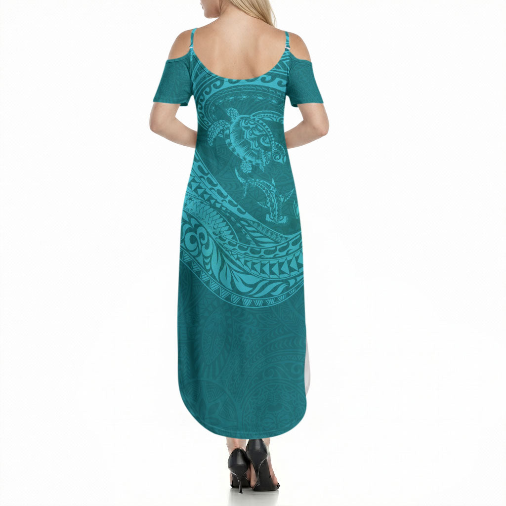 Hawaiian Turtle and Shark Summer Maxi Dress Kakau Tribal with Polynesian Pattern Turquoise Color