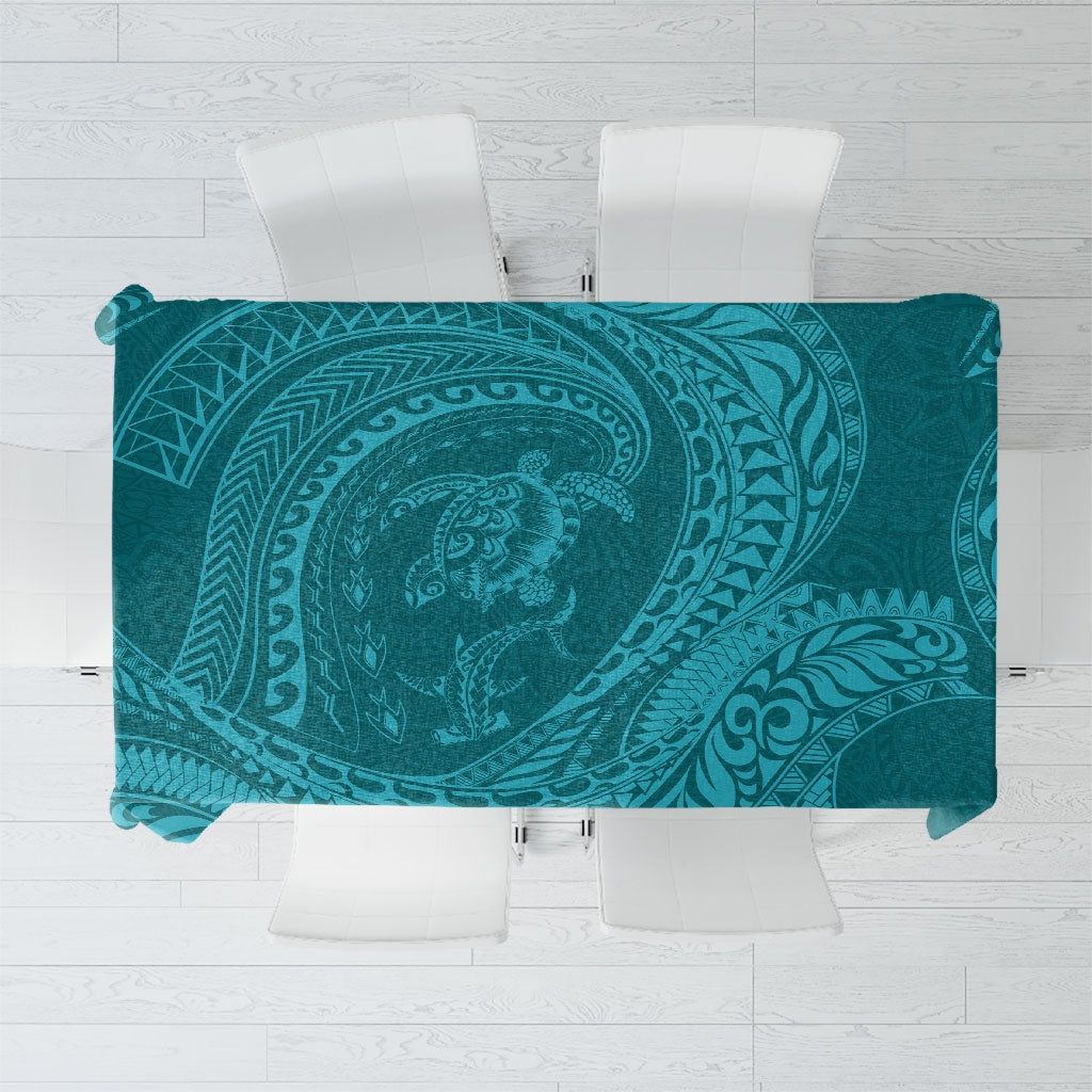 Hawaiian Turtle and Shark Tablecloth Kakau Tribal with Polynesian Pattern Turquoise Color