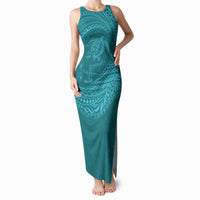 Hawaiian Turtle and Shark Tank Maxi Dress Kakau Tribal with Polynesian Pattern Turquoise Color