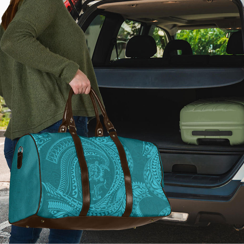 Hawaiian Turtle and Shark Travel Bag Kakau Tribal with Polynesian Pattern Turquoise Color