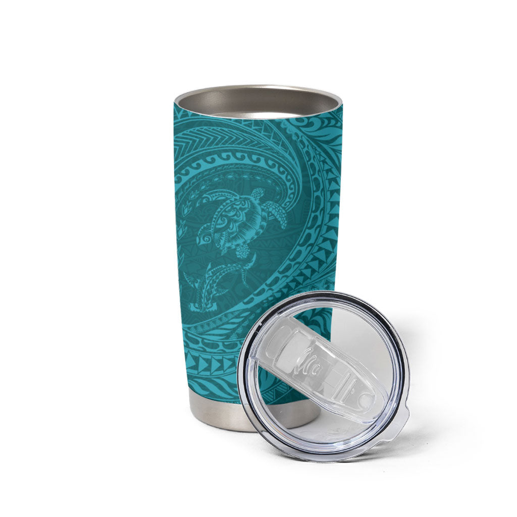 Hawaiian Turtle and Shark Tumbler Cup Kakau Tribal with Polynesian Pattern Turquoise Color