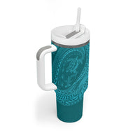 Hawaiian Turtle and Shark Tumbler With Handle Kakau Tribal with Polynesian Pattern Turquoise Color