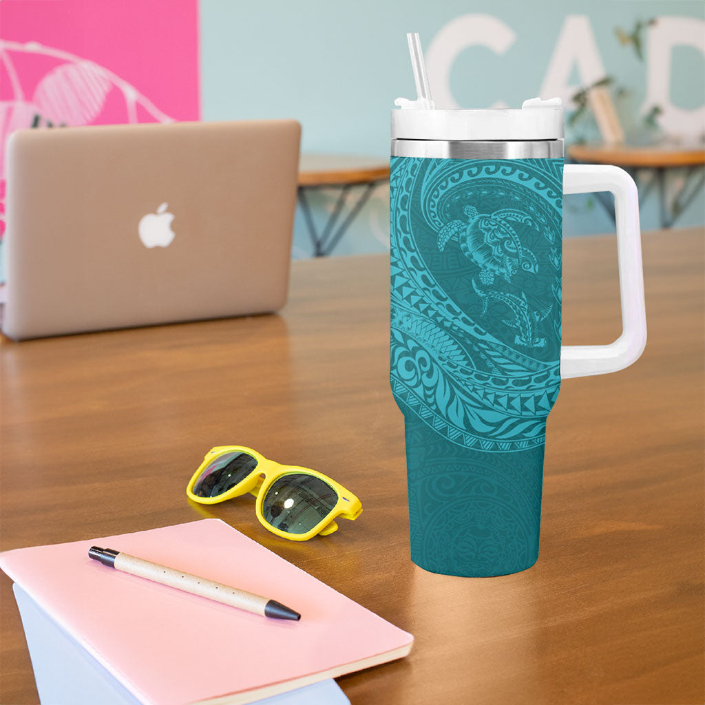 Hawaiian Turtle and Shark Tumbler With Handle Kakau Tribal with Polynesian Pattern Turquoise Color