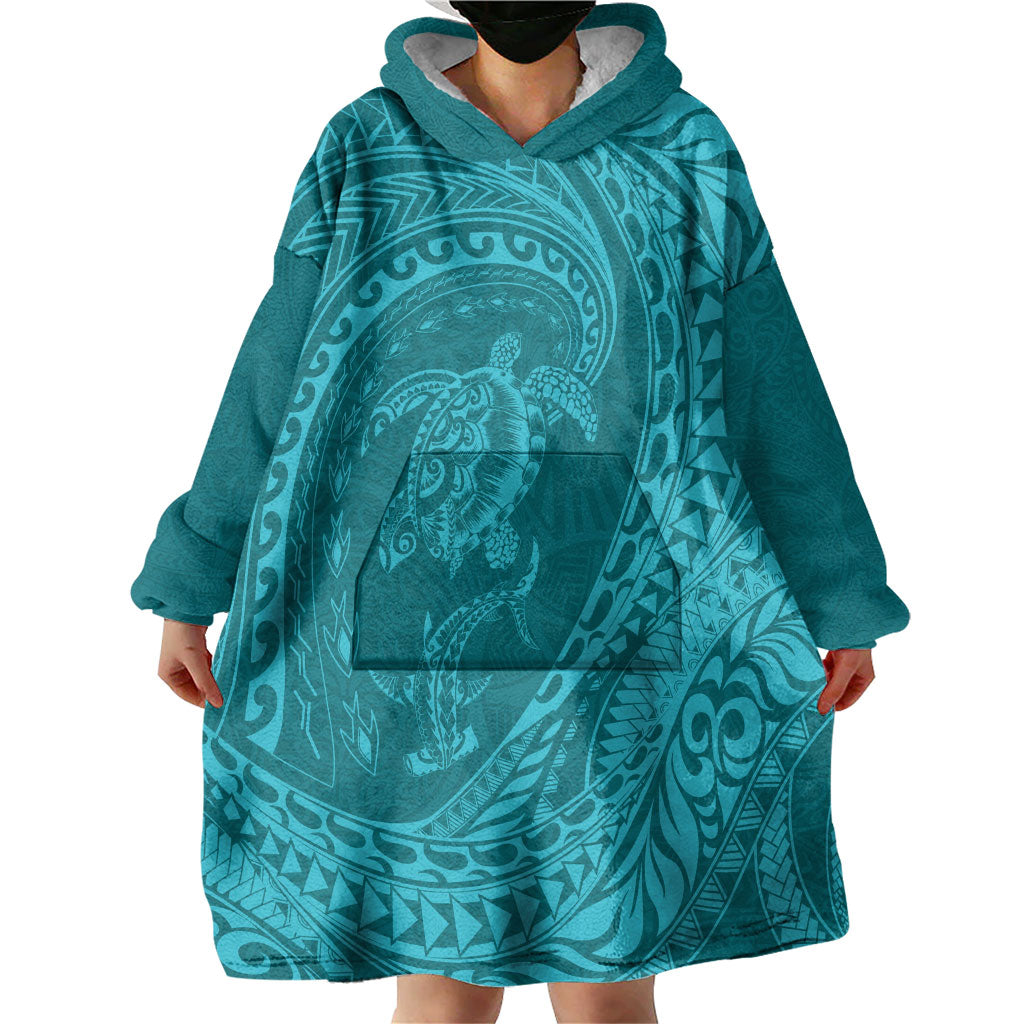 Hawaiian Turtle and Shark Wearable Blanket Hoodie Kakau Tribal with Polynesian Pattern Turquoise Color
