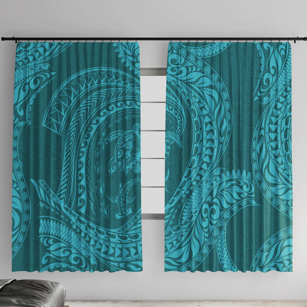 Hawaiian Turtle and Shark Window Curtain Kakau Tribal with Polynesian Pattern Turquoise Color