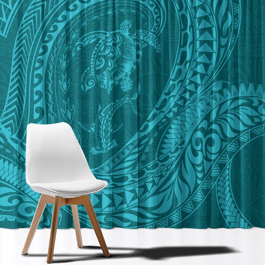 Hawaiian Turtle and Shark Window Curtain Kakau Tribal with Polynesian Pattern Turquoise Color