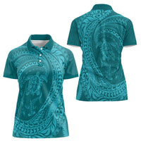 Hawaiian Turtle and Shark Women Polo Shirt Kakau Tribal with Polynesian Pattern Turquoise Color