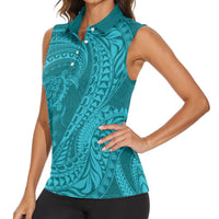Hawaiian Turtle and Shark Women Sleeveless Polo Shirt Kakau Tribal with Polynesian Pattern Turquoise Color