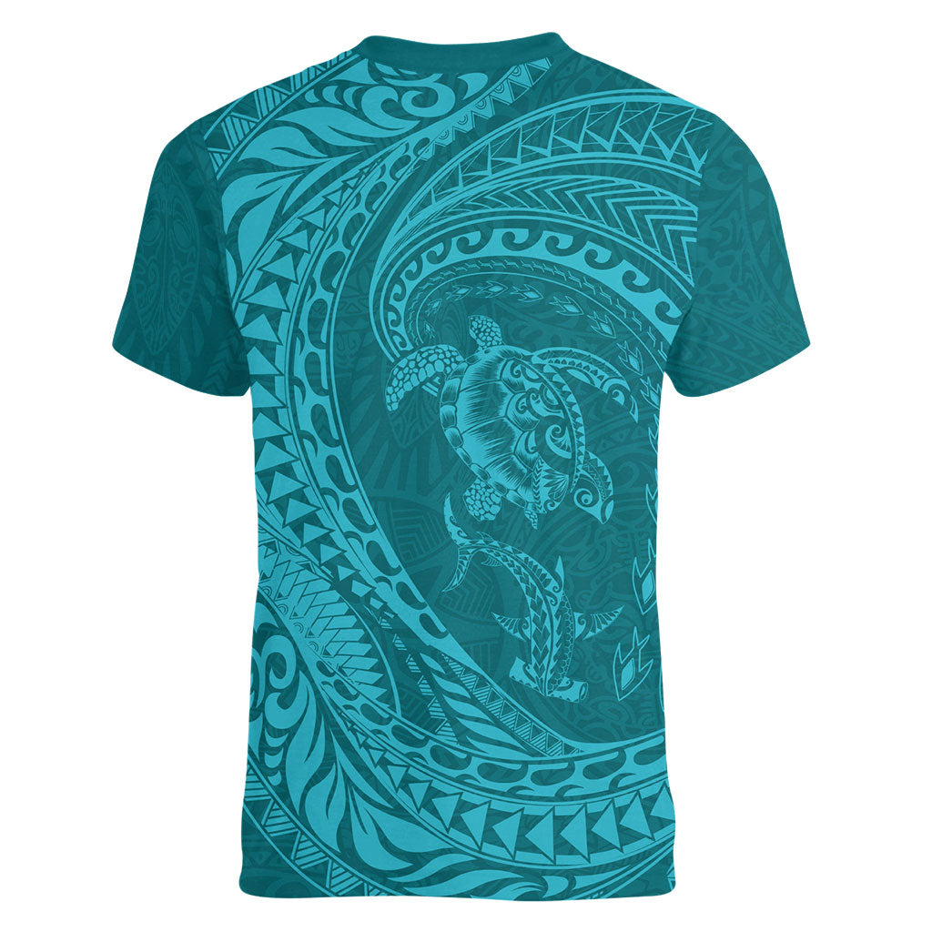 Hawaiian Turtle and Shark Women V-Neck T-Shirt Kakau Tribal with Polynesian Pattern Turquoise Color