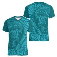 Hawaiian Turtle and Shark Women V-Neck T-Shirt Kakau Tribal with Polynesian Pattern Turquoise Color