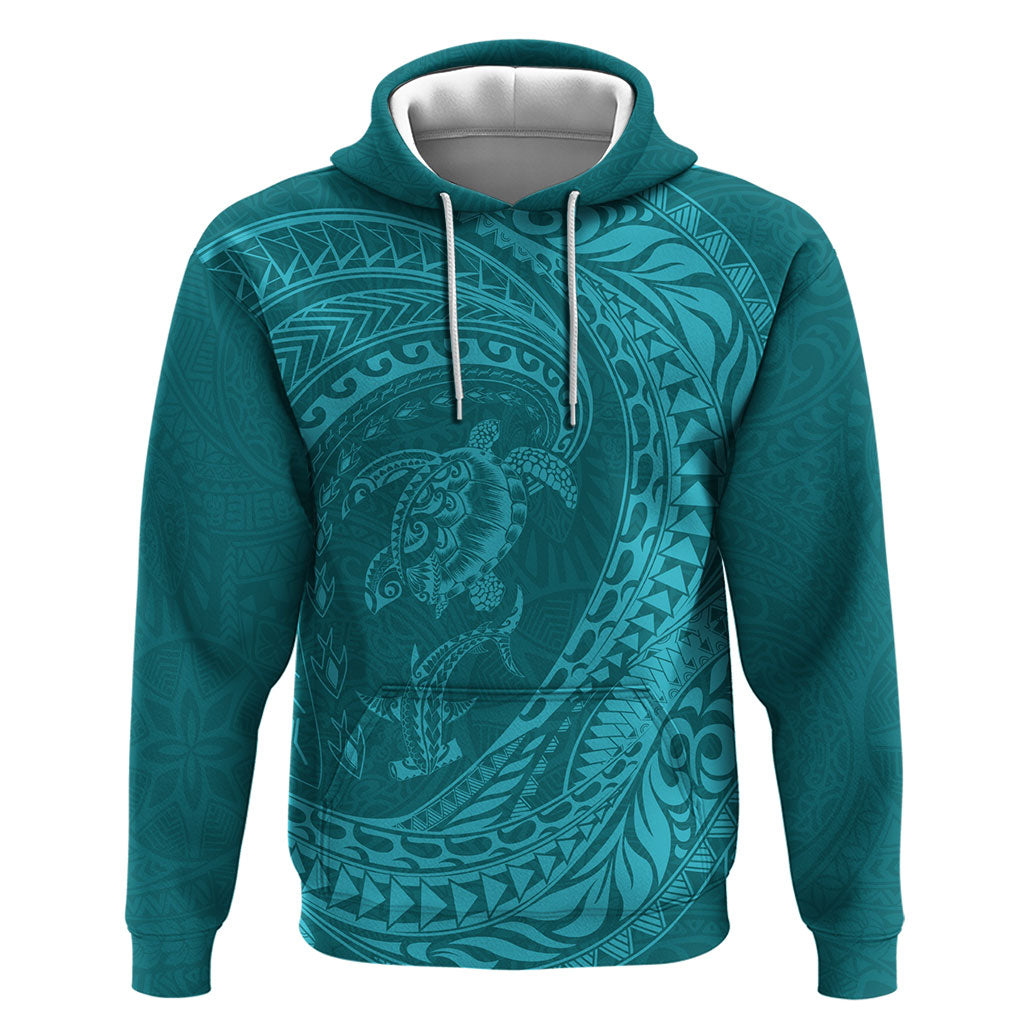 Hawaiian Turtle and Shark Zip Hoodie Kakau Tribal with Polynesian Pattern Turquoise Color