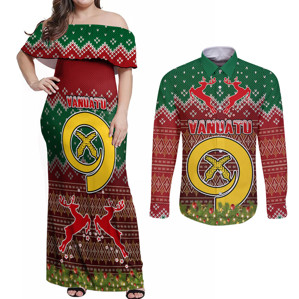 Vanuatu Christmas Couples Matching Off Shoulder Maxi Dress and Long Sleeve Button Shirts Pig Tusk Beautiful Merry Xmas Snowflake LT03 Red - Polynesian Pride