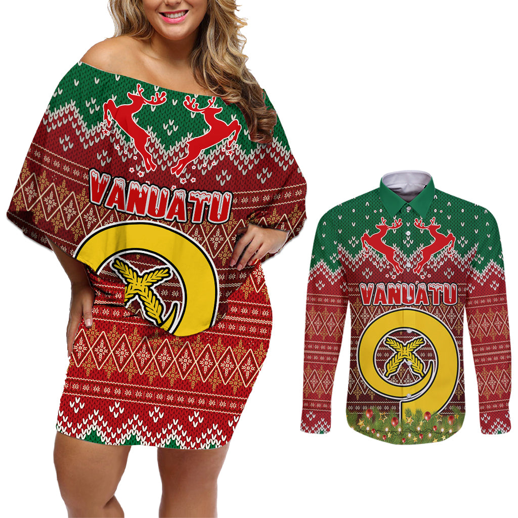 Vanuatu Christmas Couples Matching Off Shoulder Short Dress and Long Sleeve Button Shirts Pig Tusk Beautiful Merry Xmas Snowflake LT03 Red - Polynesian Pride