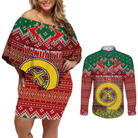Vanuatu Christmas Couples Matching Off Shoulder Short Dress and Long Sleeve Button Shirts Pig Tusk Beautiful Merry Xmas Snowflake LT03 Red - Polynesian Pride