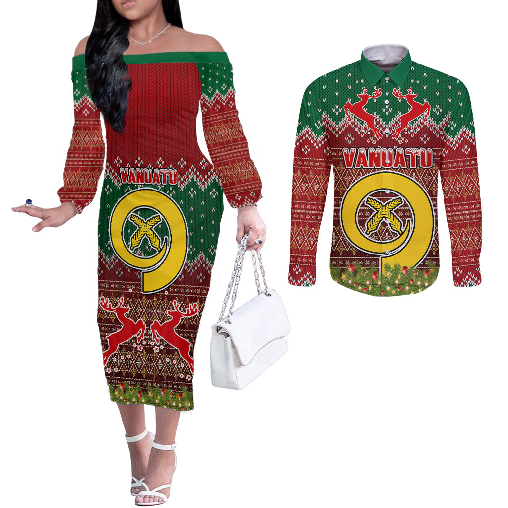 Vanuatu Christmas Couples Matching Off The Shoulder Long Sleeve Dress and Long Sleeve Button Shirts Pig Tusk Beautiful Merry Xmas Snowflake LT03 Red - Polynesian Pride