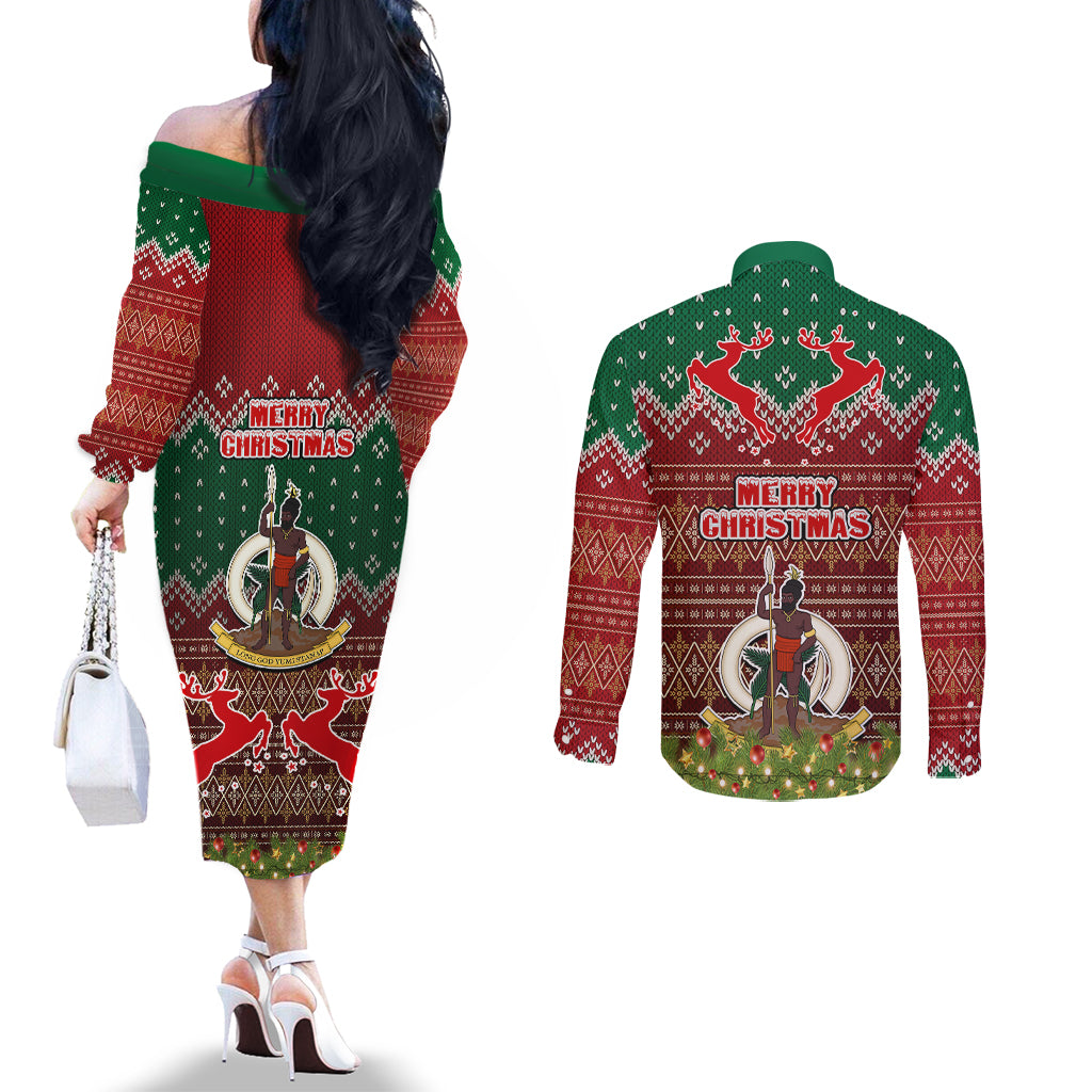 Vanuatu Christmas Couples Matching Off The Shoulder Long Sleeve Dress and Long Sleeve Button Shirts Pig Tusk Beautiful Merry Xmas Snowflake LT03 - Polynesian Pride