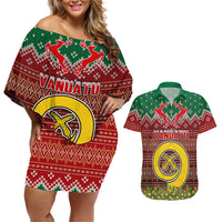 Personalised Vanuatu Christmas Couples Matching Off Shoulder Short Dress and Hawaiian Shirt Pig Tusk Beautiful Merry Xmas Snowflake LT03 Red - Polynesian Pride