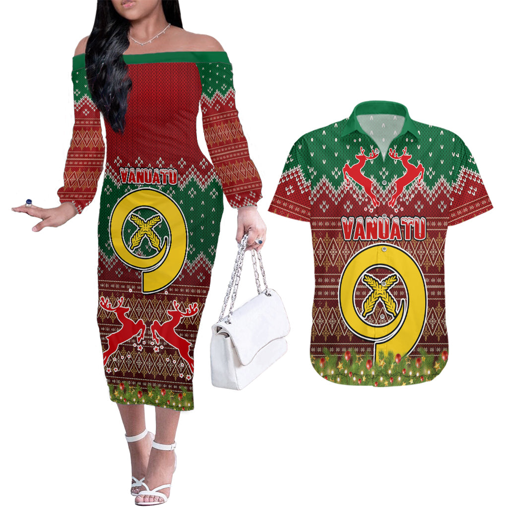 Personalised Vanuatu Christmas Couples Matching Off The Shoulder Long Sleeve Dress and Hawaiian Shirt Pig Tusk Beautiful Merry Xmas Snowflake LT03 Red - Polynesian Pride