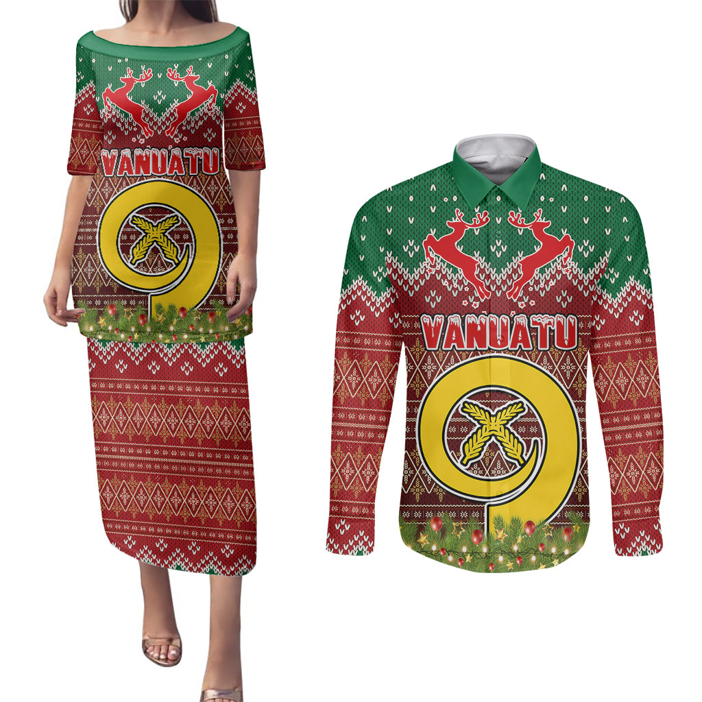Personalised Vanuatu Christmas Couples Matching Puletasi Dress and Long Sleeve Button Shirts Pig Tusk Beautiful Merry Xmas Snowflake LT03 Red - Polynesian Pride