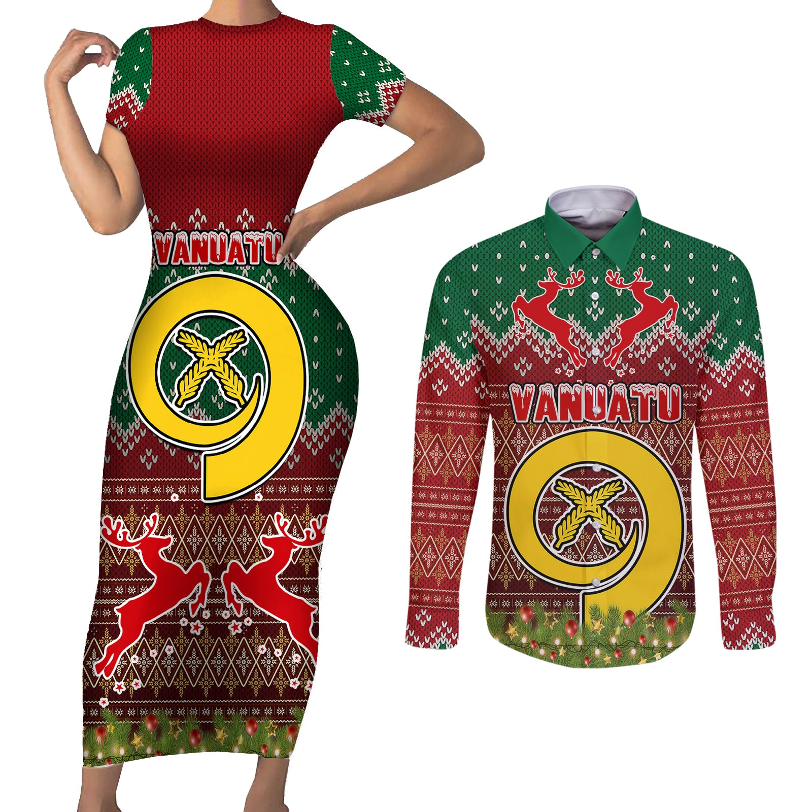 Personalised Vanuatu Christmas Couples Matching Short Sleeve Bodycon Dress and Long Sleeve Button Shirts Pig Tusk Beautiful Merry Xmas Snowflake LT03 Red - Polynesian Pride