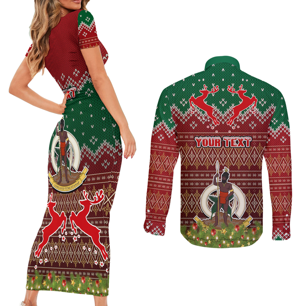 Personalised Vanuatu Christmas Couples Matching Short Sleeve Bodycon Dress and Long Sleeve Button Shirts Pig Tusk Beautiful Merry Xmas Snowflake LT03 - Polynesian Pride